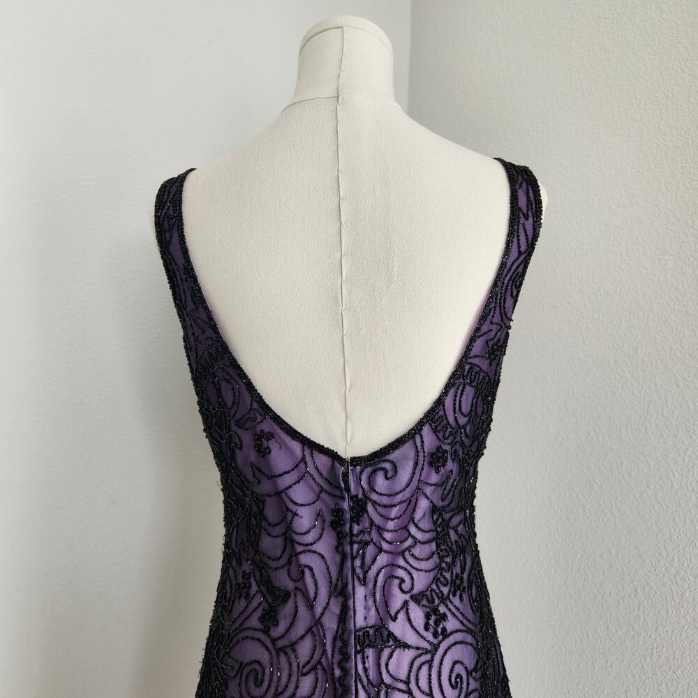 Vintage 90s Laurence Kazar Purple Black Beaded Sheath Dress Sleeveless Mini S - Picture 8 of 12
